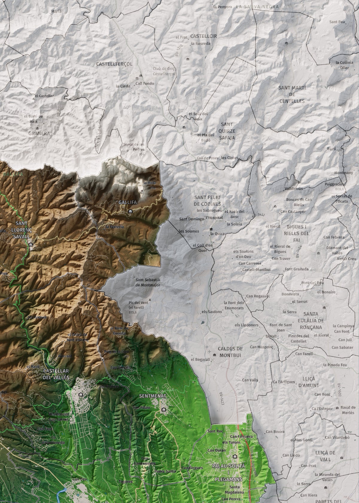 Mapa de relieve del Vallès Occidental, con el territorio en color y el entorno en blanco. Detalle de la zona superior derecha. 50 × 70 cm. Estilo Clásico.