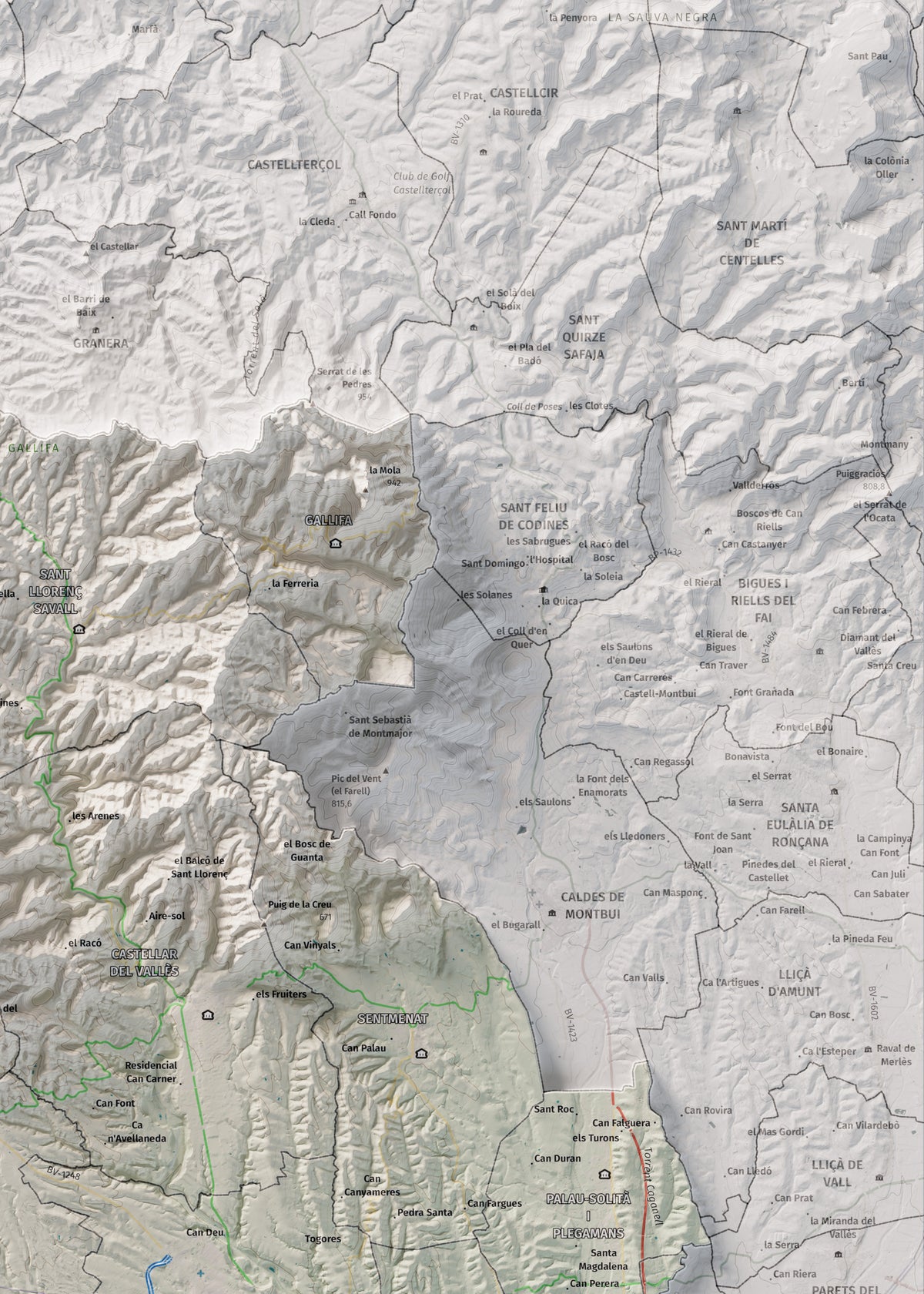 Mapa de relieve del Vallès Occidental, con el territorio en color y el entorno en blanco. Detalle de la zona superior derecha. 50 × 70 cm. Estilo Cartográfico.
