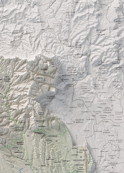 Mapa de relieve del Vallès Occidental, con el territorio en color y el entorno en blanco. Detalle de la zona superior derecha. 50 × 70 cm. Estilo Cartográfico.