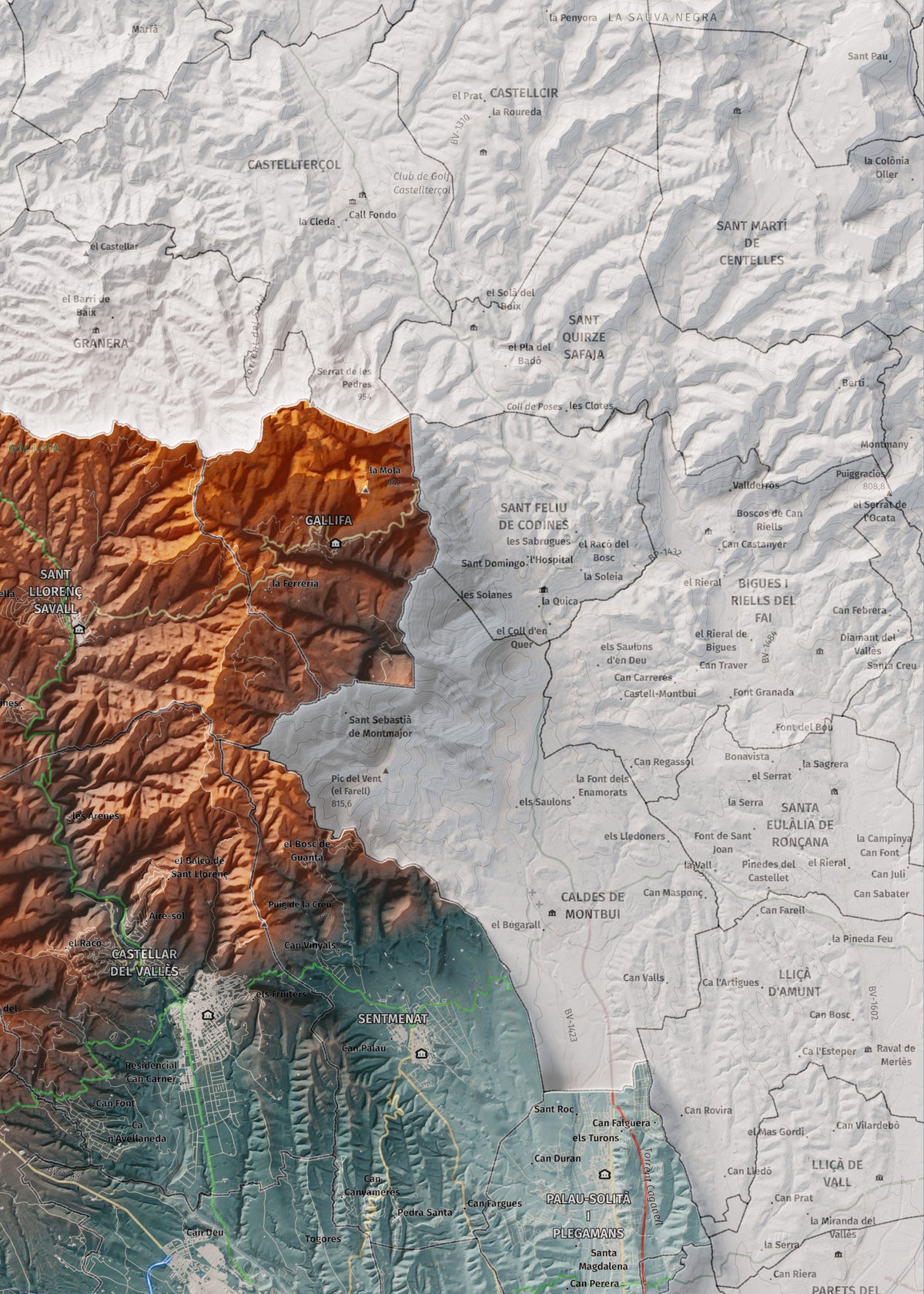 Mapa de relieve del Vallès Occidental, con el territorio en color y el entorno en blanco. Detalle de la zona superior derecha. 50 × 70 cm. Estilo Azul y naranja.
