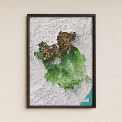 Mapa de relieve del Vallès Occidental, con el territorio en color y el entorno en blanco. Presentación con marco. 50 × 70 cm. Estilo Clásico.