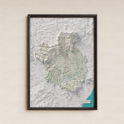 Mapa de relieve del Vallès Occidental, con el territorio en color y el entorno en blanco. Presentación con marco. 50 × 70 cm. Estilo Cartográfico.