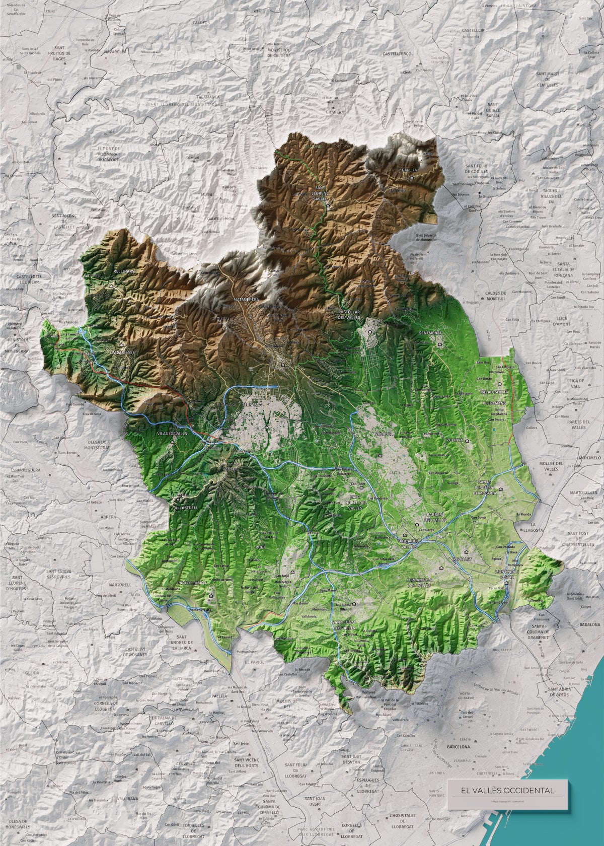 Mapa de relieve del Vallès Occidental, con el territorio en color y el entorno en blanco. Vista completa de la lámina. 50 × 70 cm. Estilo Clásico.
