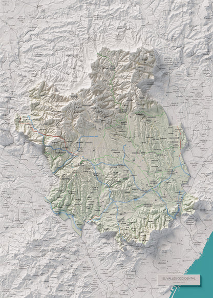 Mapa de relieve del Vallès Occidental, con el territorio en color y el entorno en blanco. Vista completa de la lámina. 50 × 70 cm. Estilo Cartográfico.