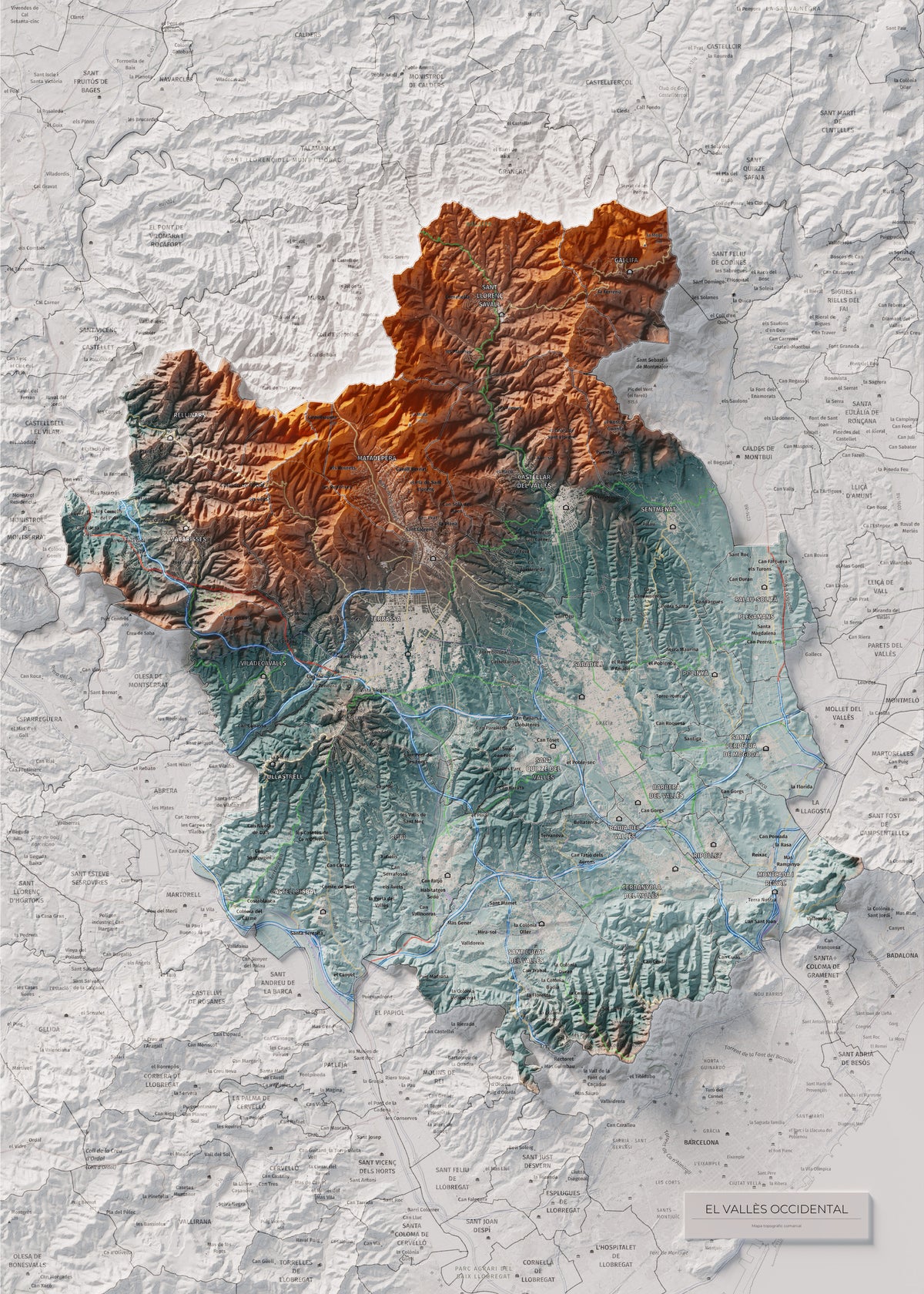 Mapa de relieve del Vallès Occidental, con el territorio en color y el entorno en blanco. Vista completa de la lámina. 50 × 70 cm. Estilo Azul y naranja.