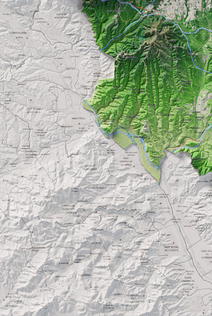 Mapa de relieve del Vallès Occidental, con el territorio en color y el entorno en blanco. Detalle de la zona inferior izquierda. 61 × 91 cm. Estilo Clásico.