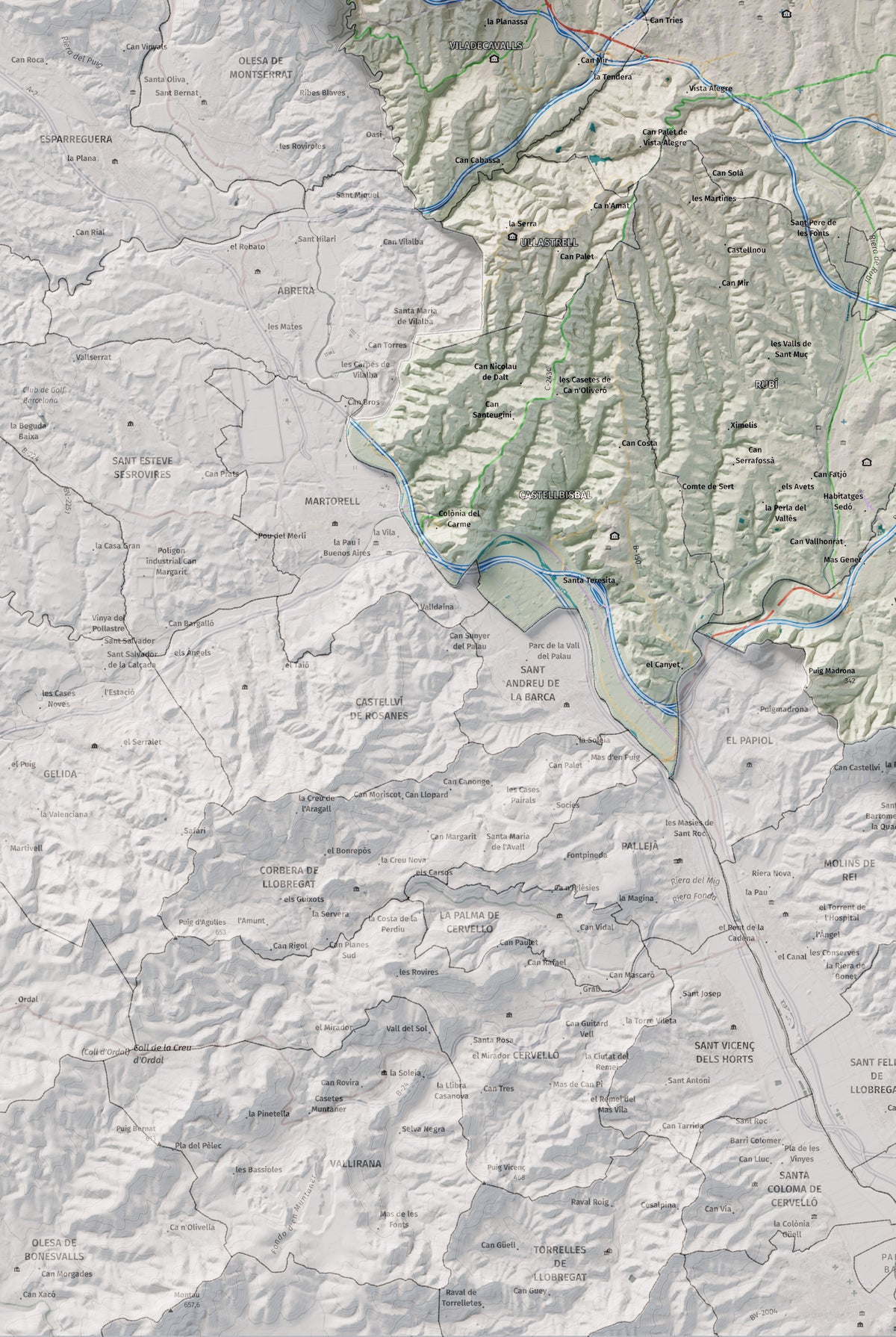 Mapa de relieve del Vallès Occidental, con el territorio en color y el entorno en blanco. Detalle de la zona inferior izquierda. 61 × 91 cm. Estilo Cartográfico.