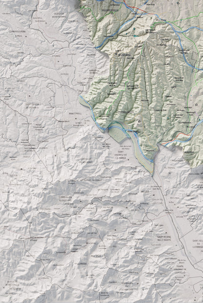 Mapa de relieve del Vallès Occidental, con el territorio en color y el entorno en blanco. Detalle de la zona inferior izquierda. 61 × 91 cm. Estilo Cartográfico.