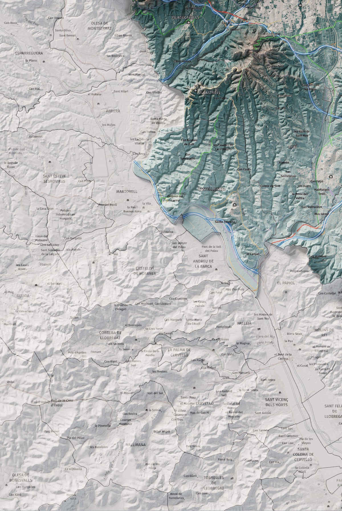 Mapa de relieve del Vallès Occidental, con el territorio en color y el entorno en blanco. Detalle de la zona inferior izquierda. 61 × 91 cm. Estilo Azul y naranja.