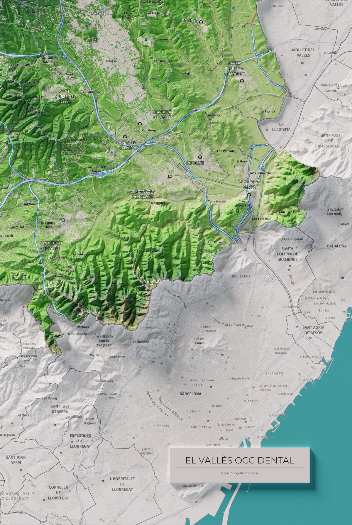 Mapa de relieve del Vallès Occidental, con el territorio en color y el entorno en blanco. Detalle de la zona inferior derecha. 61 × 91 cm. Estilo Clásico.