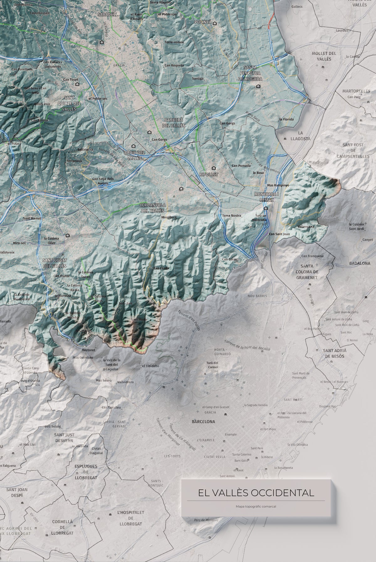 Mapa de relieve del Vallès Occidental, con el territorio en color y el entorno en blanco. Detalle de la zona inferior derecha. 61 × 91 cm. Estilo Azul y naranja.