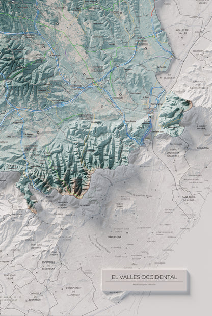 Mapa de relieve del Vallès Occidental, con el territorio en color y el entorno en blanco. Detalle de la zona inferior derecha. 61 × 91 cm. Estilo Azul y naranja.