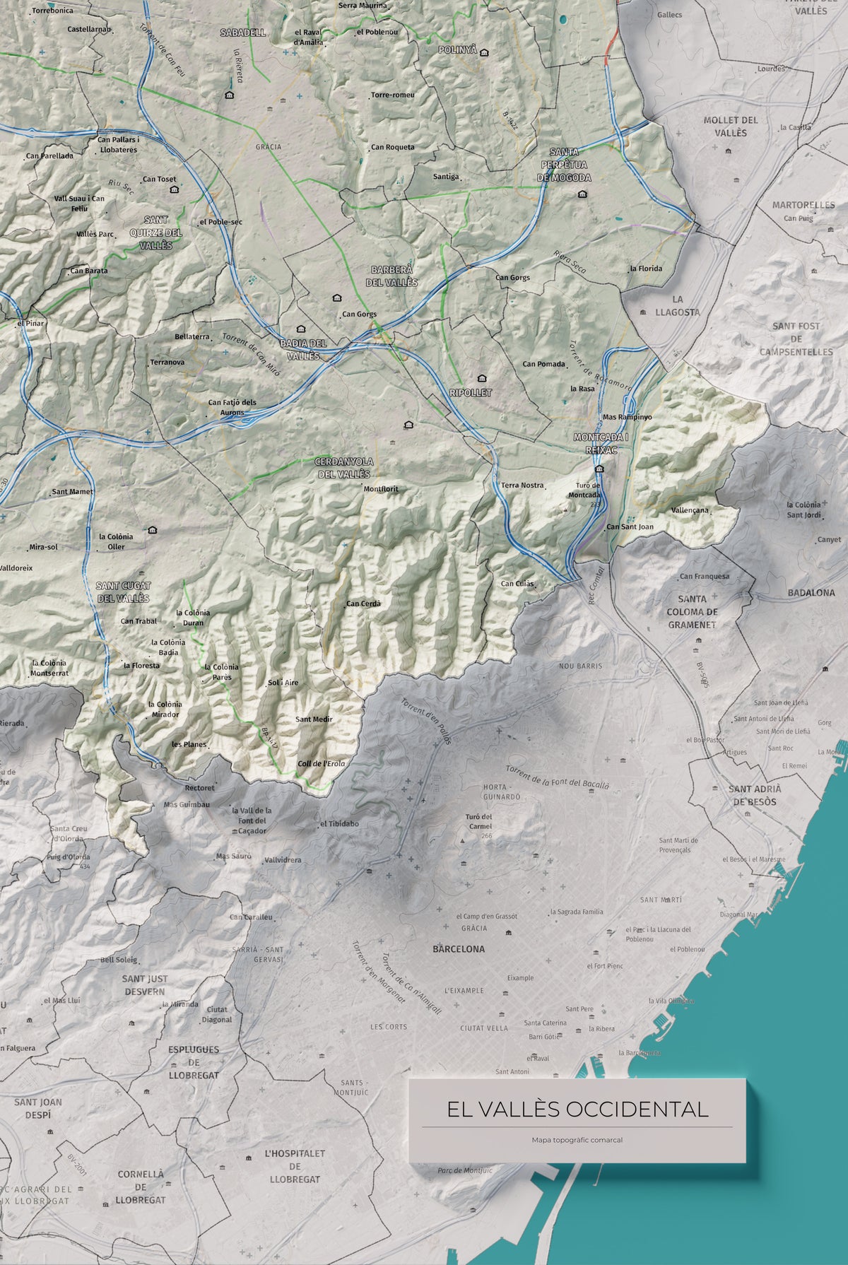 Mapa de relieve del Vallès Occidental, con el territorio en color y el entorno en blanco. Detalle de la zona inferior derecha. 61 × 91 cm. Estilo Cartográfico.