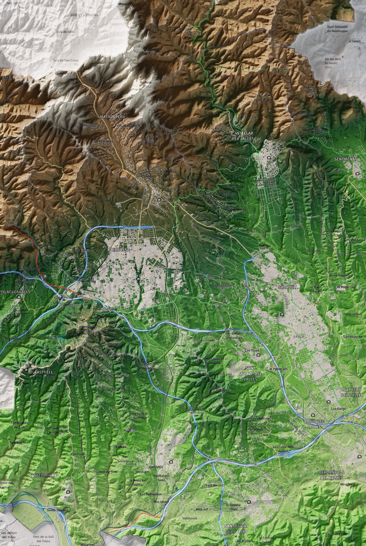 Mapa de relieve del Vallès Occidental, con el territorio en color y el entorno en blanco. Detalle de la zona central. 61 × 91 cm. Estilo Clásico.