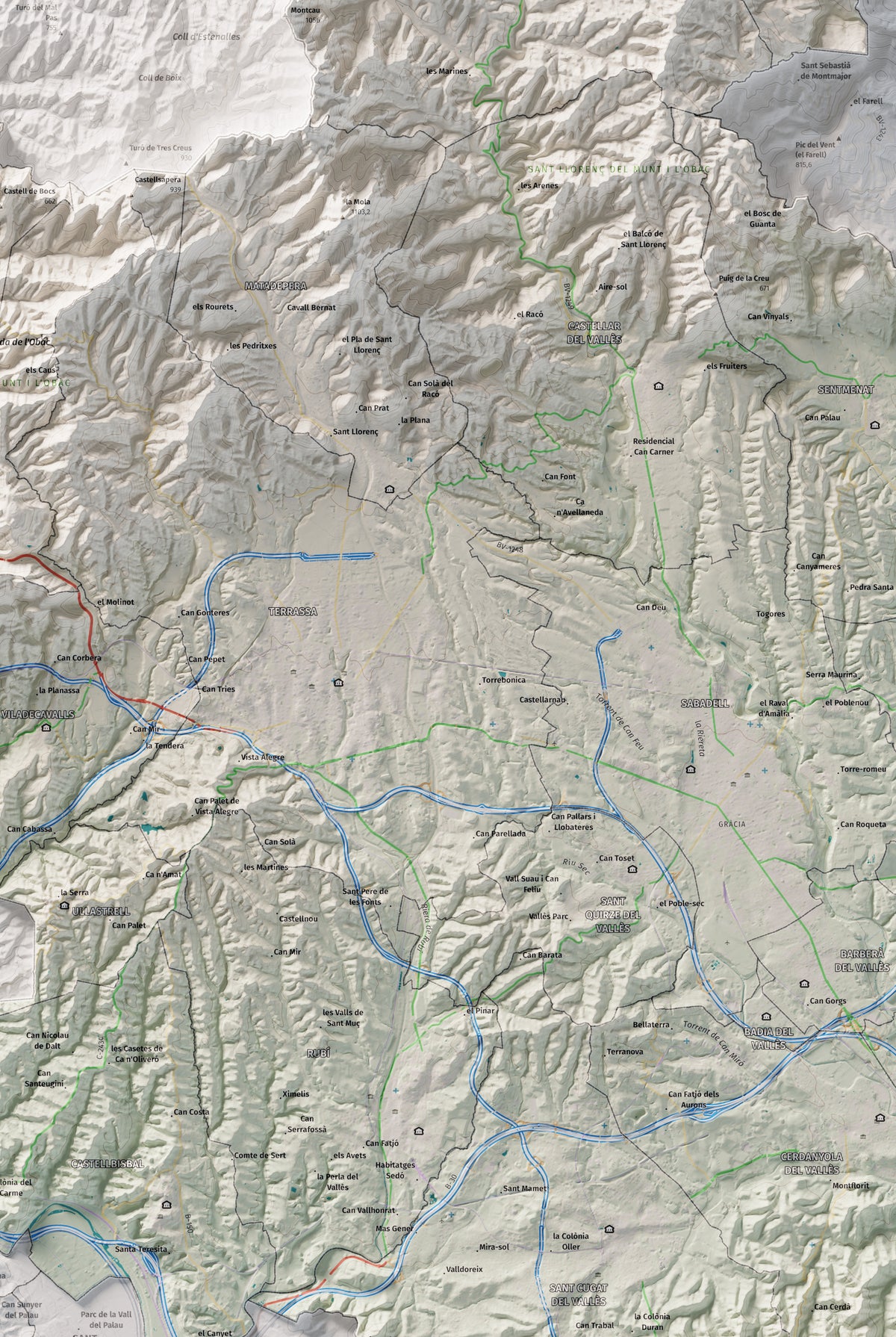 Mapa de relieve del Vallès Occidental, con el territorio en color y el entorno en blanco. Detalle de la zona central. 61 × 91 cm. Estilo Cartográfico.