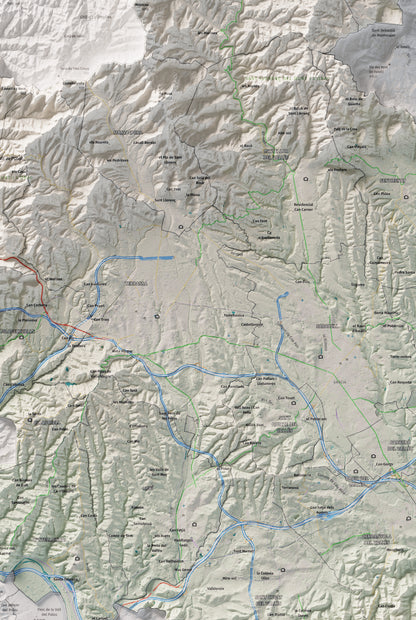 Mapa de relieve del Vallès Occidental, con el territorio en color y el entorno en blanco. Detalle de la zona central. 61 × 91 cm. Estilo Cartográfico.