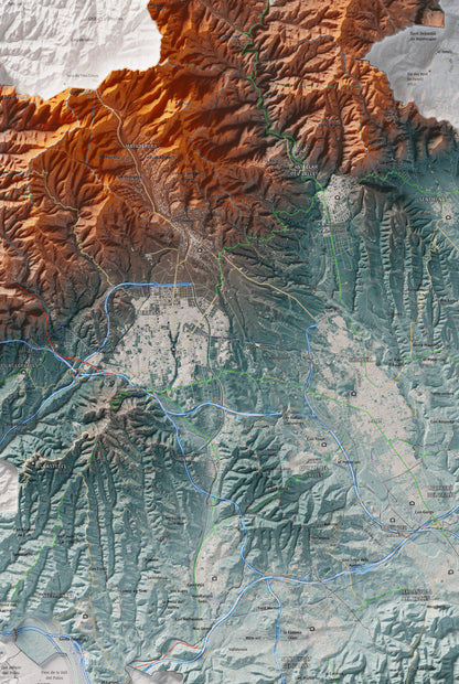Mapa de relieve del Vallès Occidental, con el territorio en color y el entorno en blanco. Detalle de la zona central. 61 × 91 cm. Estilo Azul y naranja.