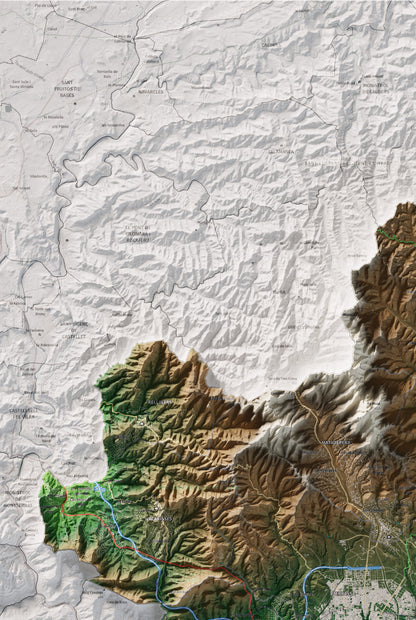 Mapa de relieve del Vallès Occidental, con el territorio en color y el entorno en blanco. Detalle de la zona superior izquierda. 61 × 91 cm. Estilo Clásico.
