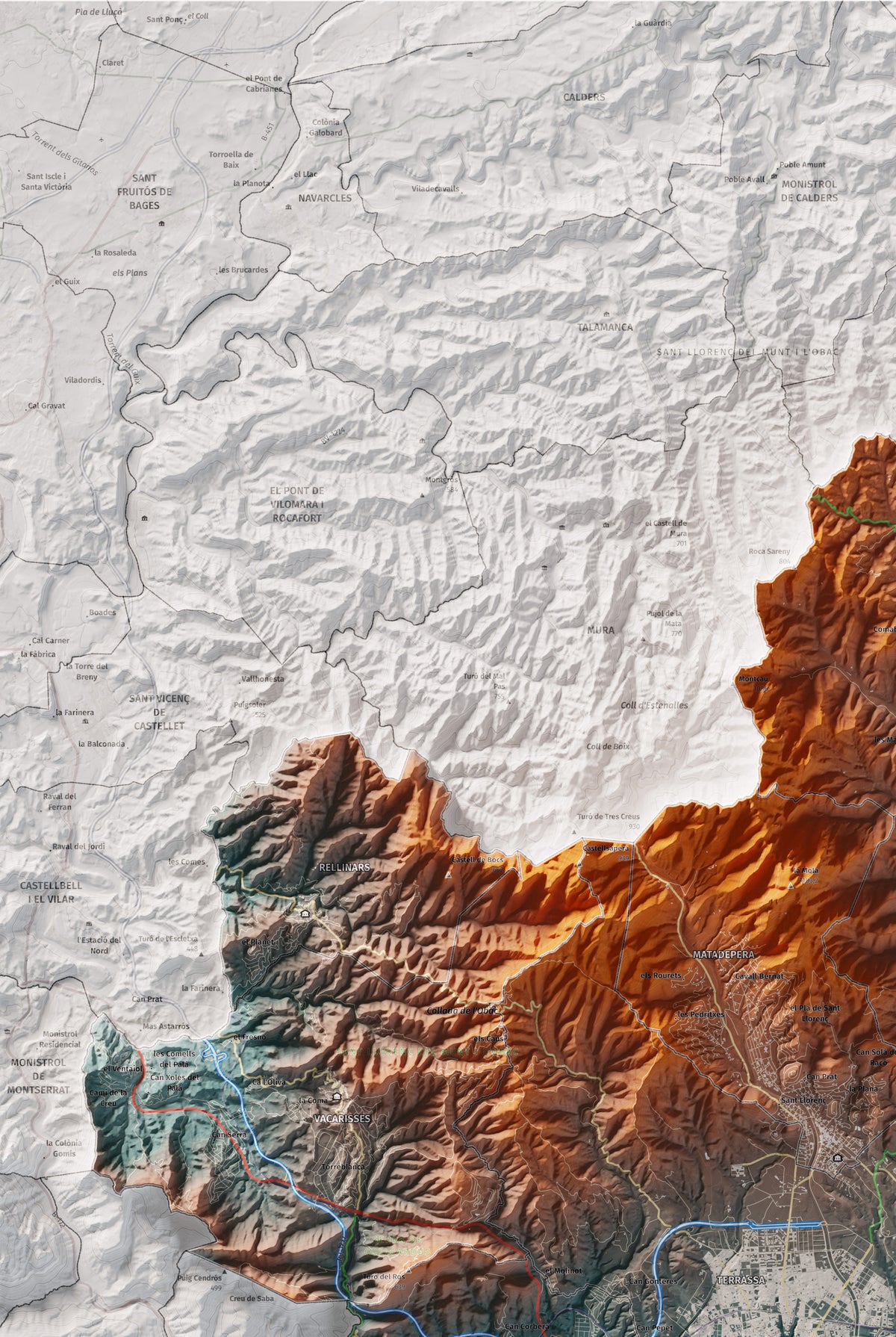 Mapa de relieve del Vallès Occidental, con el territorio en color y el entorno en blanco. Detalle de la zona superior izquierda. 61 × 91 cm. Estilo Azul y naranja.