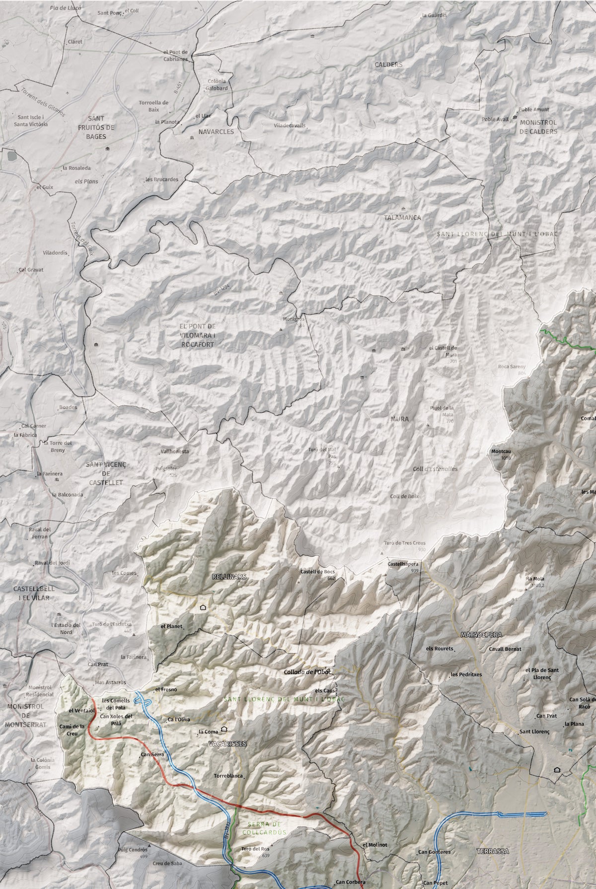 Mapa de relieve del Vallès Occidental, con el territorio en color y el entorno en blanco. Detalle de la zona superior izquierda. 61 × 91 cm. Estilo Cartográfico.