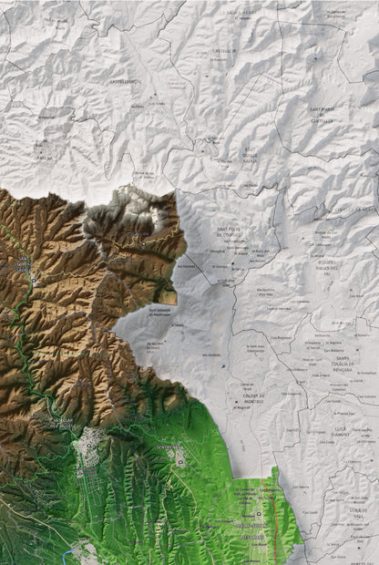 Mapa de relieve del Vallès Occidental, con el territorio en color y el entorno en blanco. Detalle de la zona superior derecha. 61 × 91 cm. Estilo Clásico.