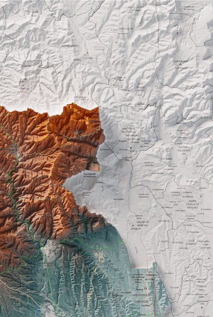 Mapa de relieve del Vallès Occidental, con el territorio en color y el entorno en blanco. Detalle de la zona superior derecha. 61 × 91 cm. Estilo Azul y naranja.