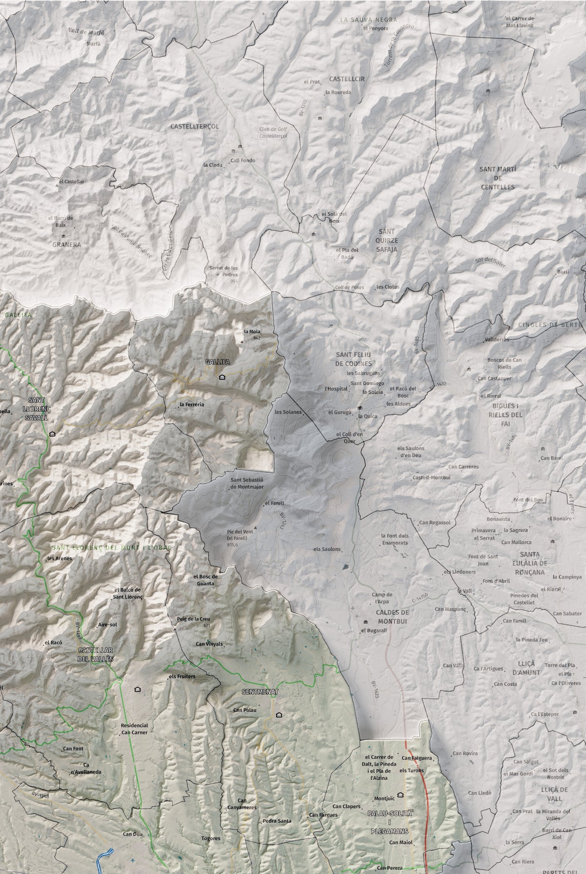 Mapa de relieve del Vallès Occidental, con el territorio en color y el entorno en blanco. Detalle de la zona superior derecha. 61 × 91 cm. Estilo Cartográfico.