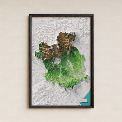 Mapa de relieve del Vallès Occidental, con el territorio en color y el entorno en blanco. Presentación con marco. 61 × 91 cm. Estilo Clásico.