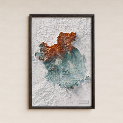 Mapa de relieve del Vallès Occidental, con el territorio en color y el entorno en blanco. Presentación con marco. 61 × 91 cm. Estilo Azul y naranja.