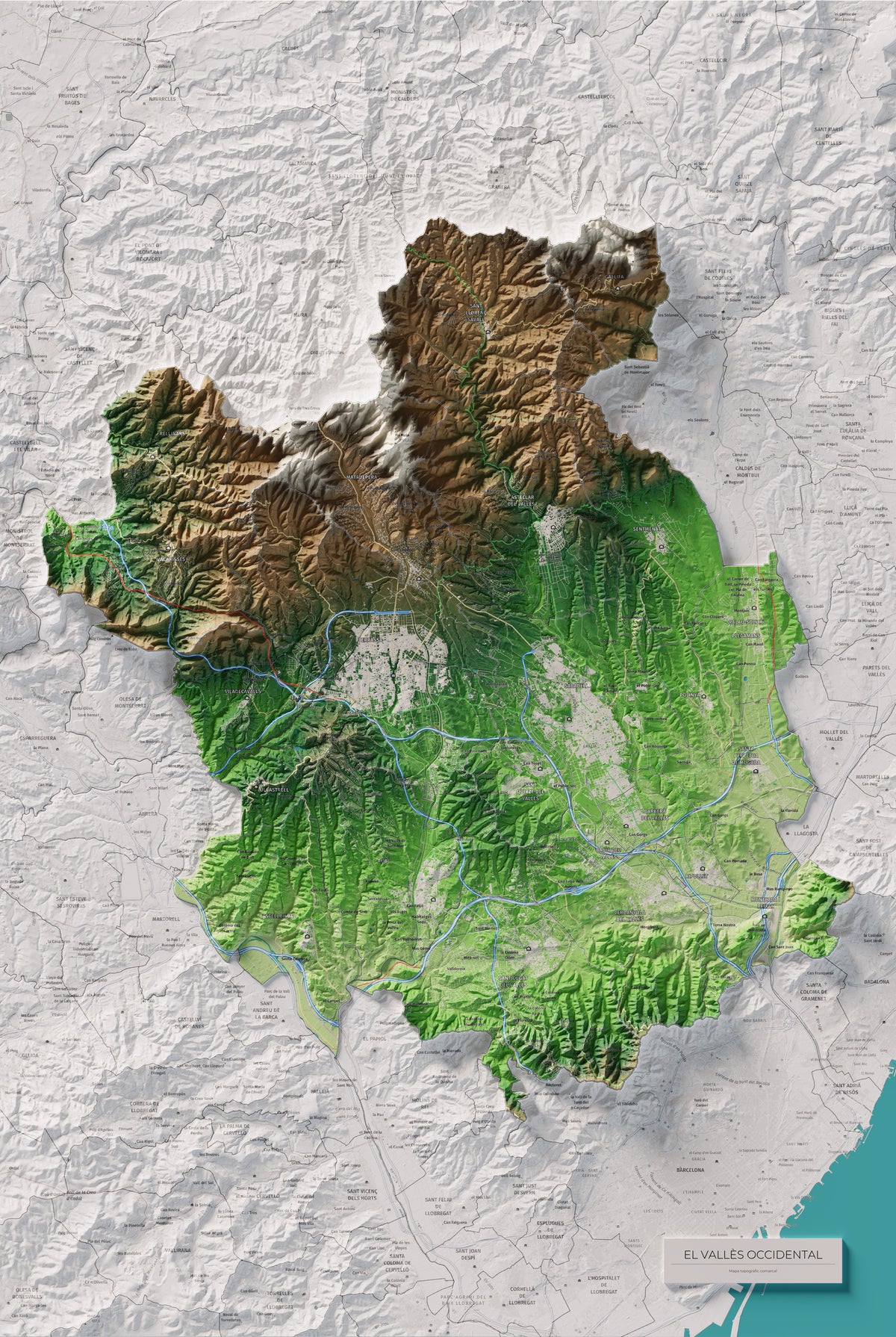 Mapa de relieve del Vallès Occidental, con el territorio en color y el entorno en blanco. Vista completa de la lámina. 61 × 91 cm. Estilo Clásico.