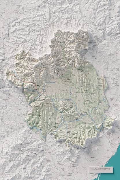 Mapa de relieve del Vallès Occidental, con el territorio en color y el entorno en blanco. Vista completa de la lámina. 61 × 91 cm. Estilo Cartográfico.
