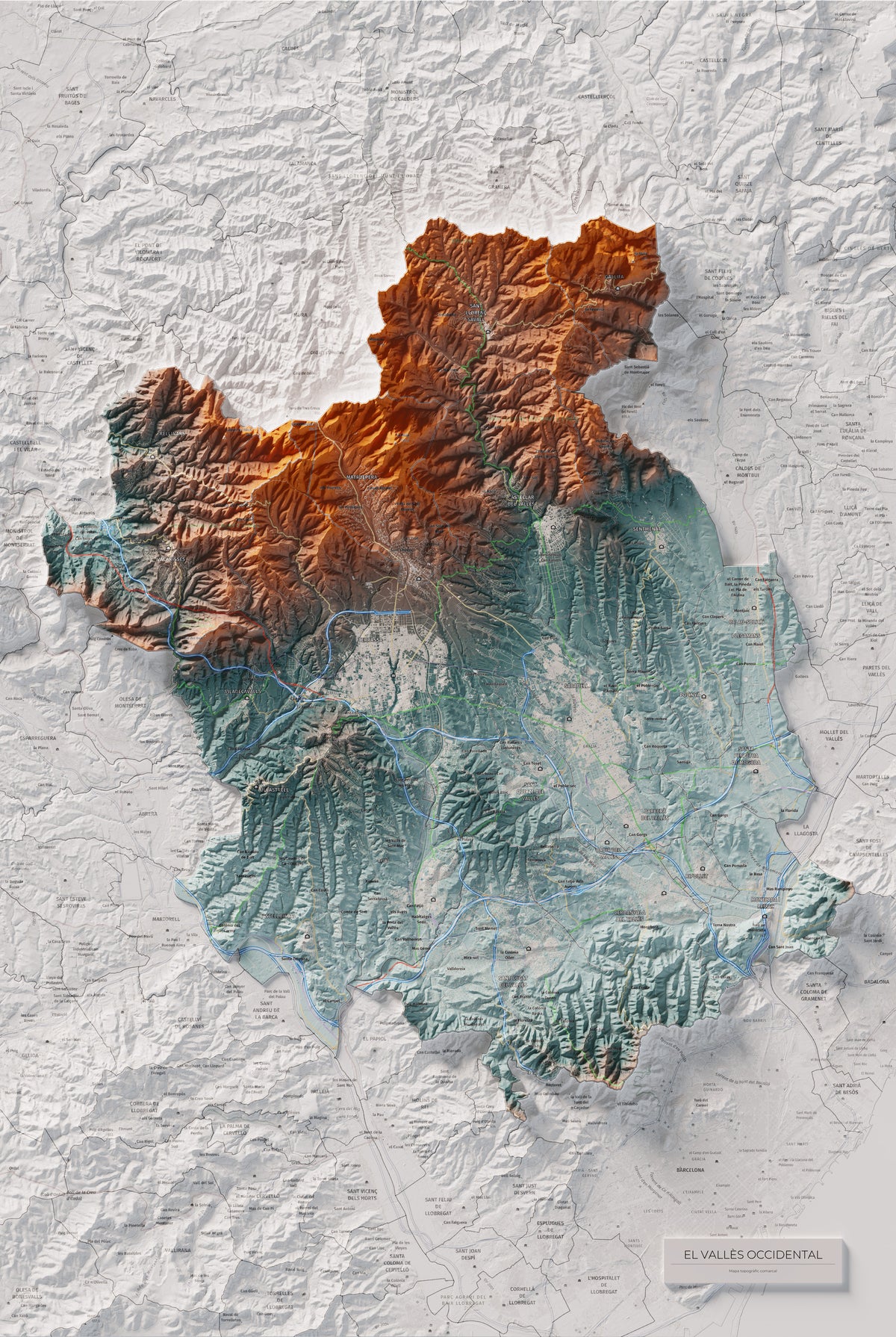 Mapa de relieve del Vallès Occidental, con el territorio en color y el entorno en blanco. Vista completa de la lámina. 61 × 91 cm. Estilo Azul y naranja.