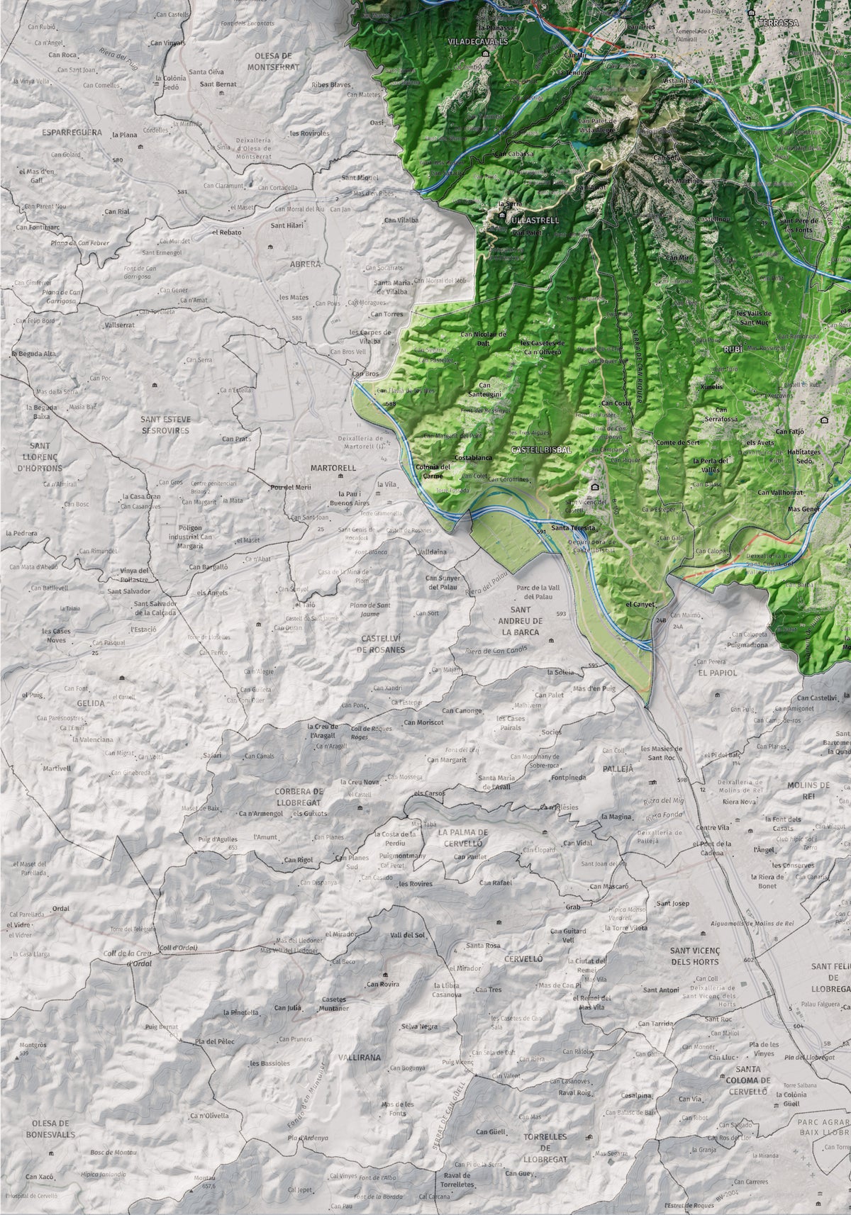 Mapa de relieve del Vallès Occidental, con el territorio en color y el entorno en blanco. Detalle de la zona inferior izquierda. 70 × 100 cm. Estilo Clásico.