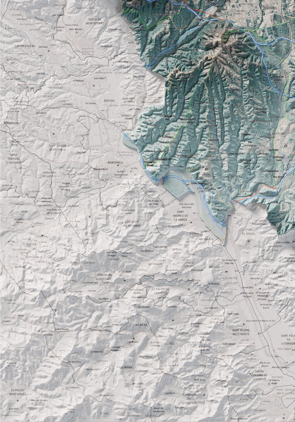 Mapa de relieve del Vallès Occidental, con el territorio en color y el entorno en blanco. Detalle de la zona inferior izquierda. 70 × 100 cm. Estilo Azul y naranja.