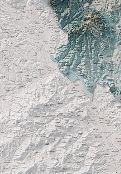 Mapa de relieve del Vallès Occidental, con el territorio en color y el entorno en blanco. Detalle de la zona inferior izquierda. 70 × 100 cm. Estilo Azul y naranja.