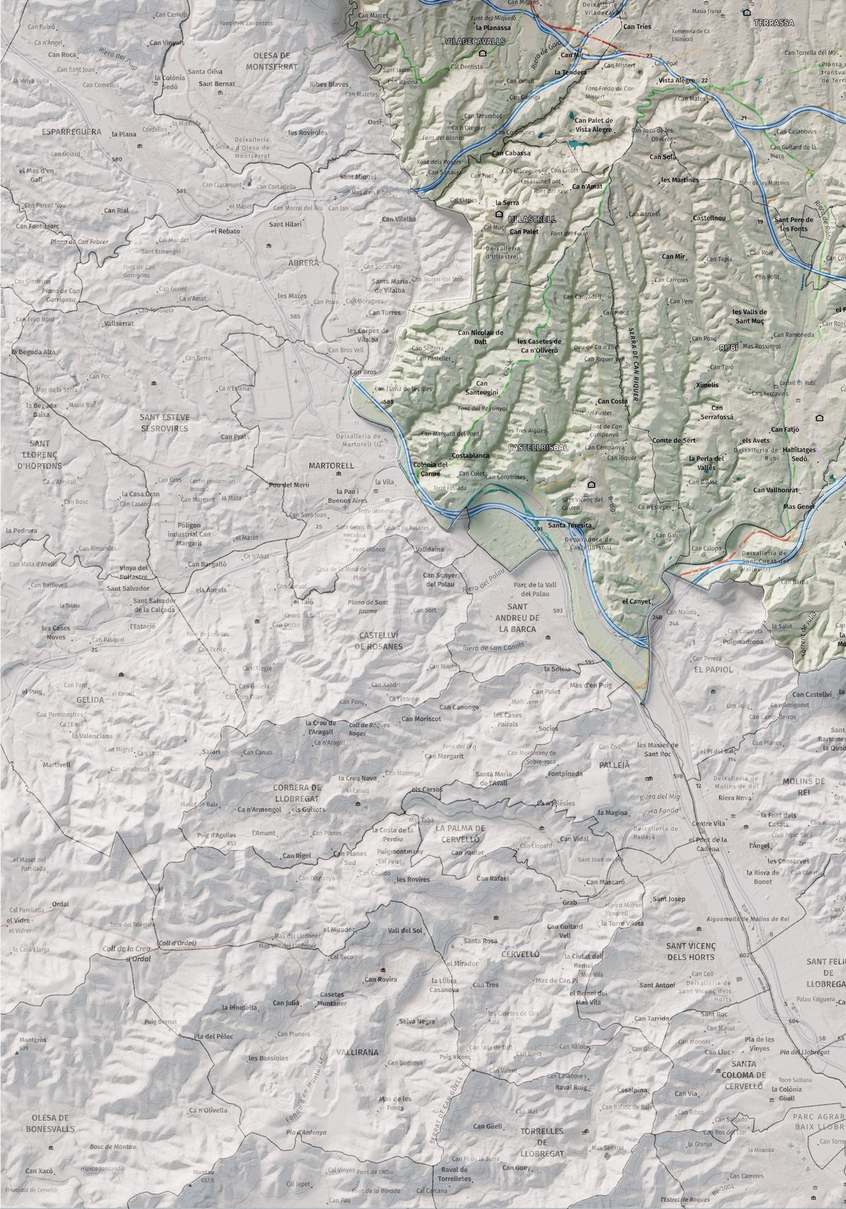 Mapa de relieve del Vallès Occidental, con el territorio en color y el entorno en blanco. Detalle de la zona inferior izquierda. 70 × 100 cm. Estilo Cartográfico.
