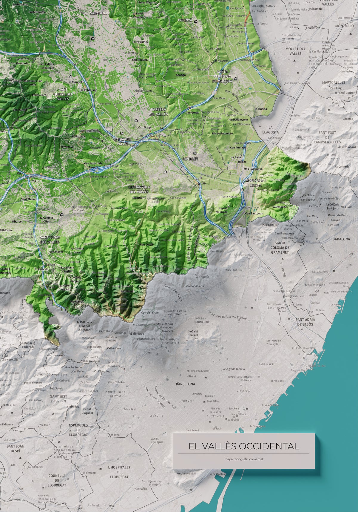 Mapa de relieve del Vallès Occidental, con el territorio en color y el entorno en blanco. Detalle de la zona inferior derecha. 70 × 100 cm. Estilo Clásico.