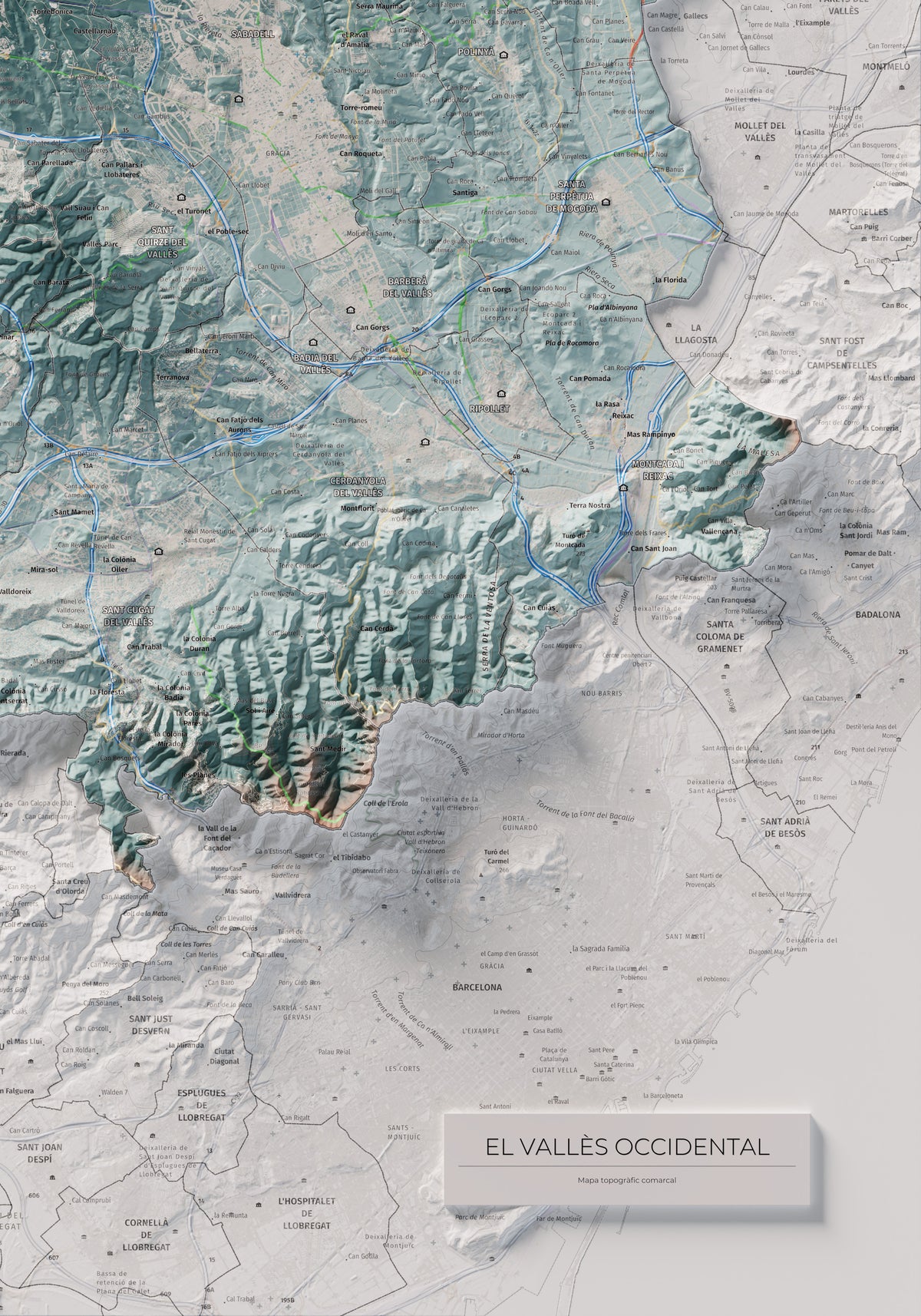 Mapa de relieve del Vallès Occidental, con el territorio en color y el entorno en blanco. Detalle de la zona inferior derecha. 70 × 100 cm. Estilo Azul y naranja.