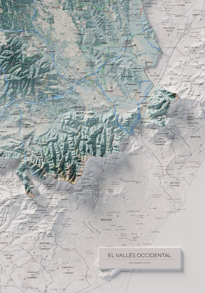 Mapa de relieve del Vallès Occidental, con el territorio en color y el entorno en blanco. Detalle de la zona inferior derecha. 70 × 100 cm. Estilo Azul y naranja.