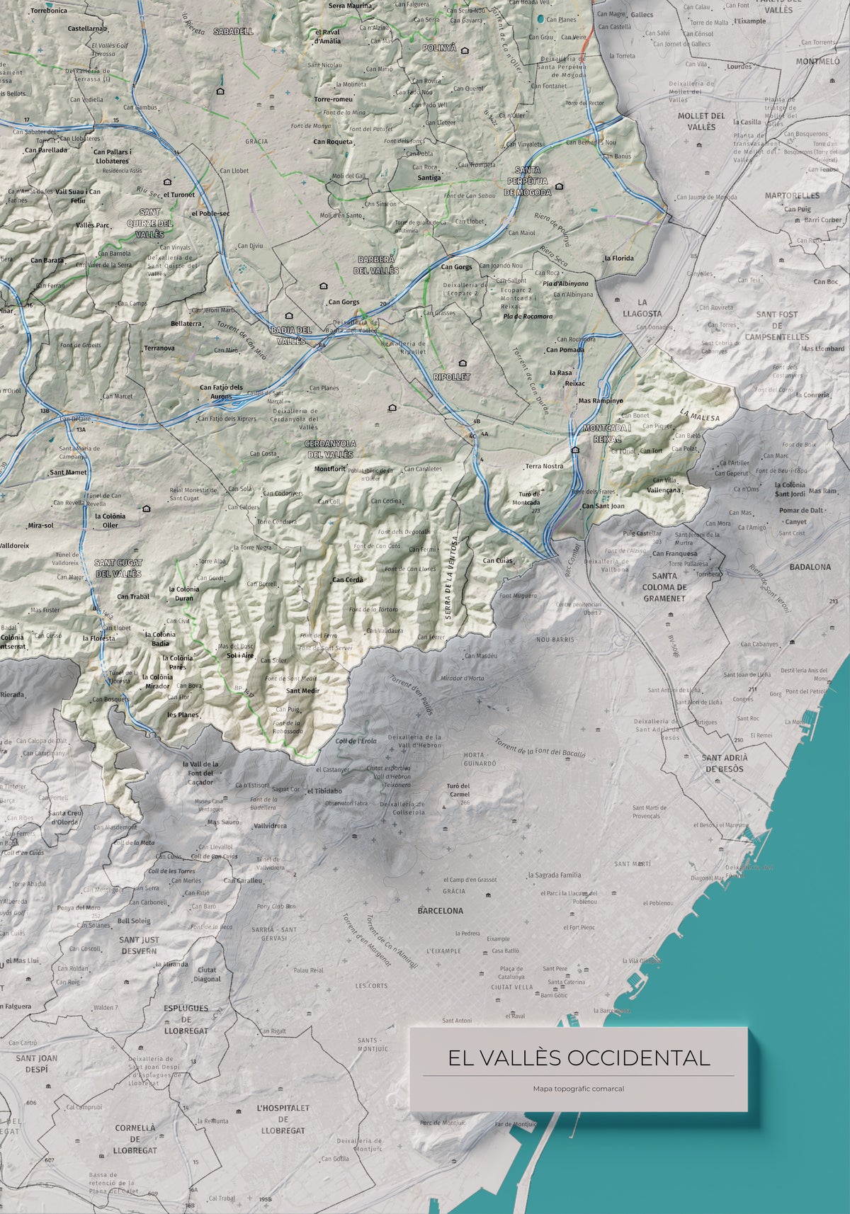 Mapa de relieve del Vallès Occidental, con el territorio en color y el entorno en blanco. Detalle de la zona inferior derecha. 70 × 100 cm. Estilo Cartográfico.