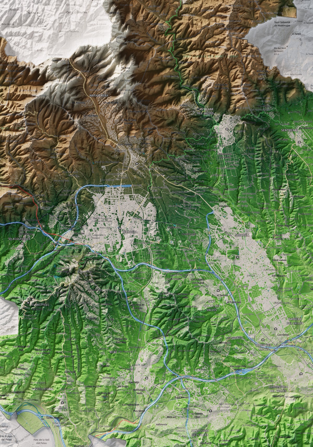 Mapa de relieve del Vallès Occidental, con el territorio en color y el entorno en blanco. Detalle de la zona central. 70 × 100 cm. Estilo Clásico.