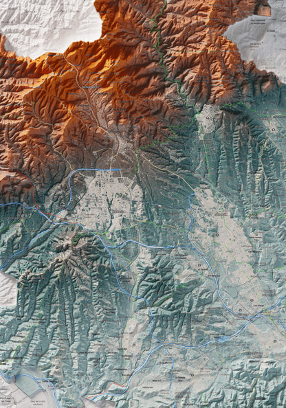 Mapa de relieve del Vallès Occidental, con el territorio en color y el entorno en blanco. Detalle de la zona central. 70 × 100 cm. Estilo Azul y naranja.