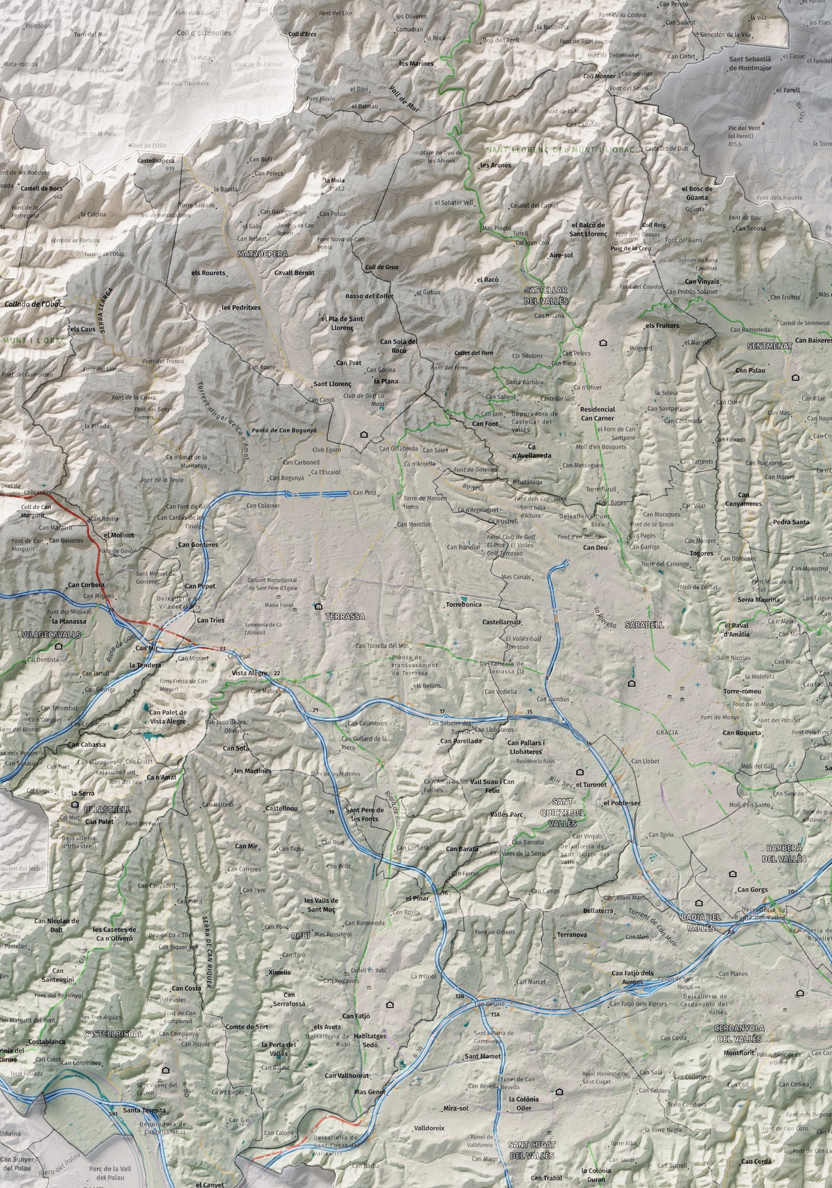 Mapa de relieve del Vallès Occidental, con el territorio en color y el entorno en blanco. Detalle de la zona central. 70 × 100 cm. Estilo Cartográfico.