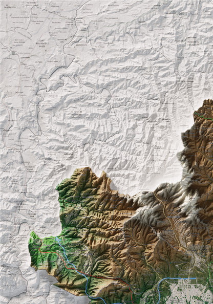Mapa de relieve del Vallès Occidental, con el territorio en color y el entorno en blanco. Detalle de la zona superior izquierda. 70 × 100 cm. Estilo Clásico.