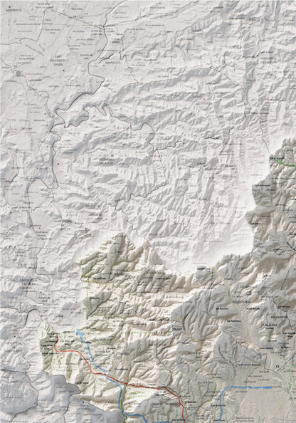 Mapa de relieve del Vallès Occidental, con el territorio en color y el entorno en blanco. Detalle de la zona superior izquierda. 70 × 100 cm. Estilo Cartográfico.
