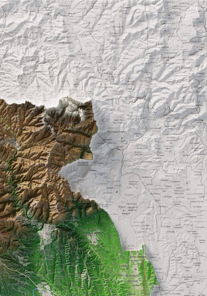 Mapa de relieve del Vallès Occidental, con el territorio en color y el entorno en blanco. Detalle de la zona superior derecha. 70 × 100 cm. Estilo Clásico.