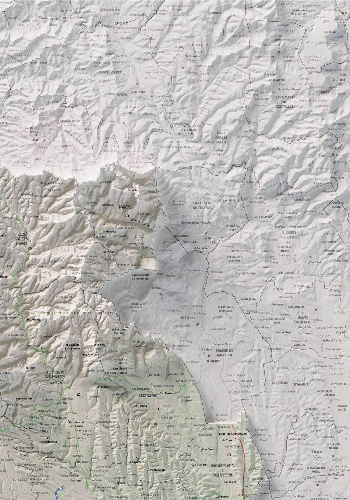 Mapa de relieve del Vallès Occidental, con el territorio en color y el entorno en blanco. Detalle de la zona superior derecha. 70 × 100 cm. Estilo Cartográfico.