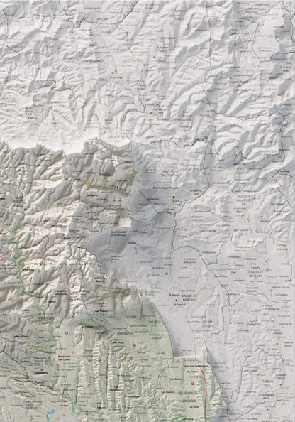 Mapa de relieve del Vallès Occidental, con el territorio en color y el entorno en blanco. Detalle de la zona superior derecha. 70 × 100 cm. Estilo Cartográfico.