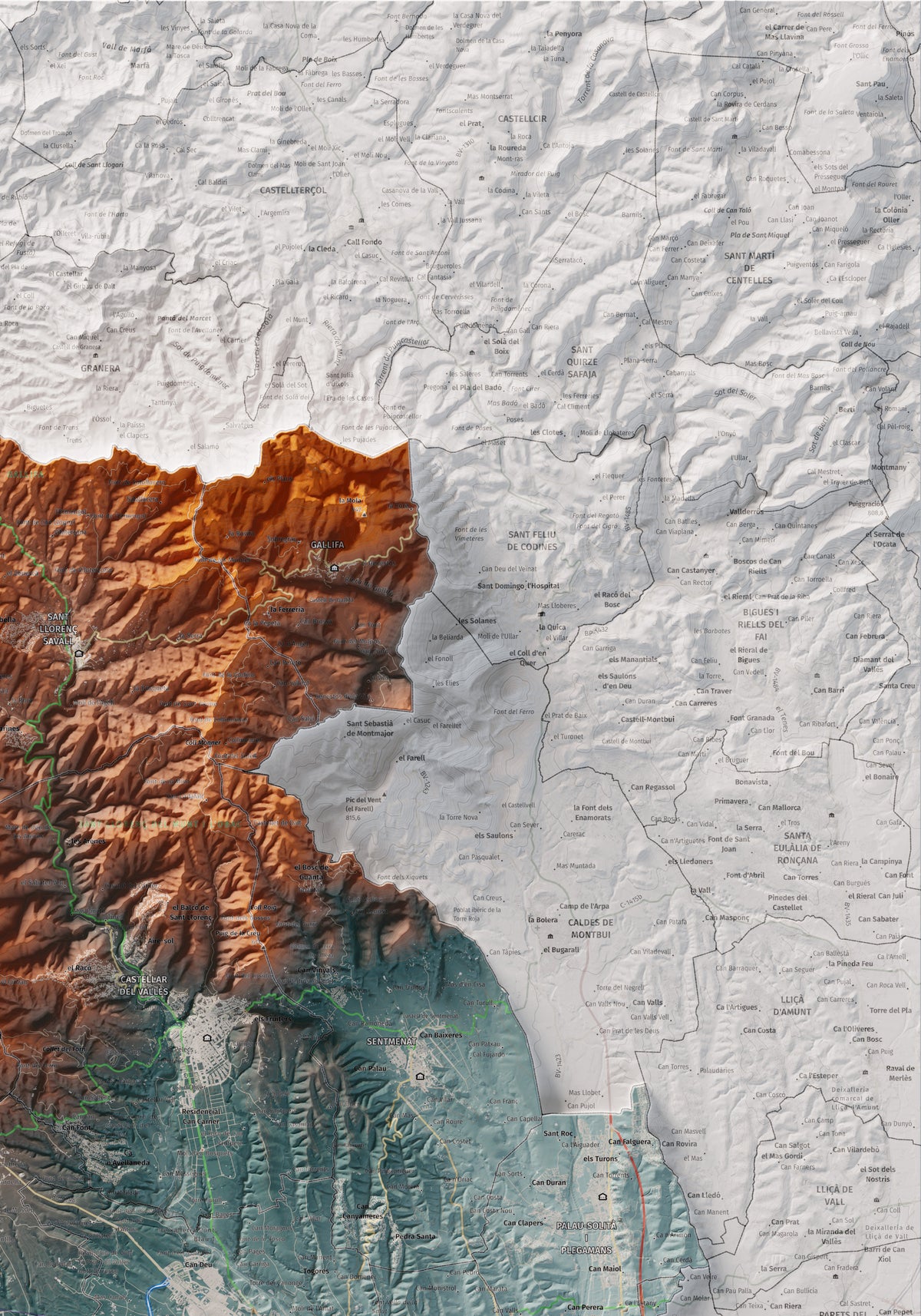 Mapa de relieve del Vallès Occidental, con el territorio en color y el entorno en blanco. Detalle de la zona superior derecha. 70 × 100 cm. Estilo Azul y naranja.