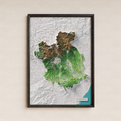 Mapa de relieve del Vallès Occidental, con el territorio en color y el entorno en blanco. Presentación con marco. 70 × 100 cm. Estilo Clásico.